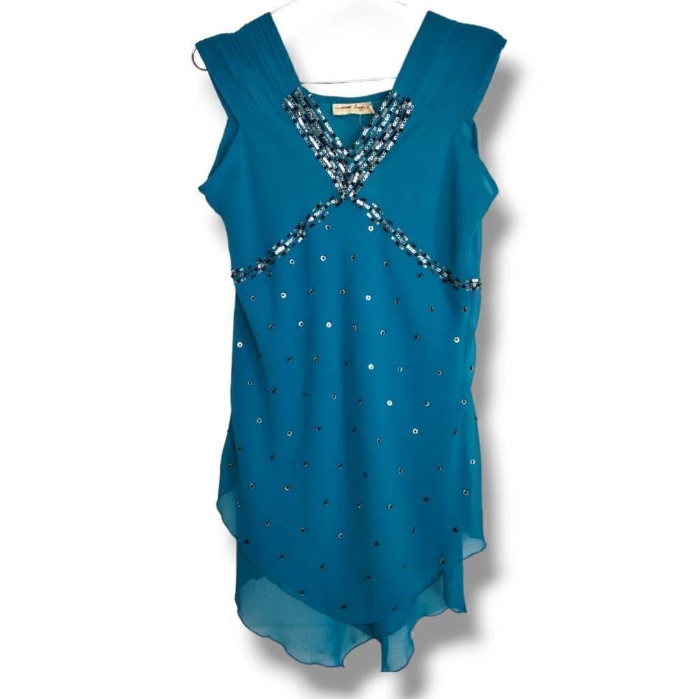 Mimi Singh Womens‎ Dress Sz Small Turquoise Silk Chiffon Beaded Asymmetrical Hem